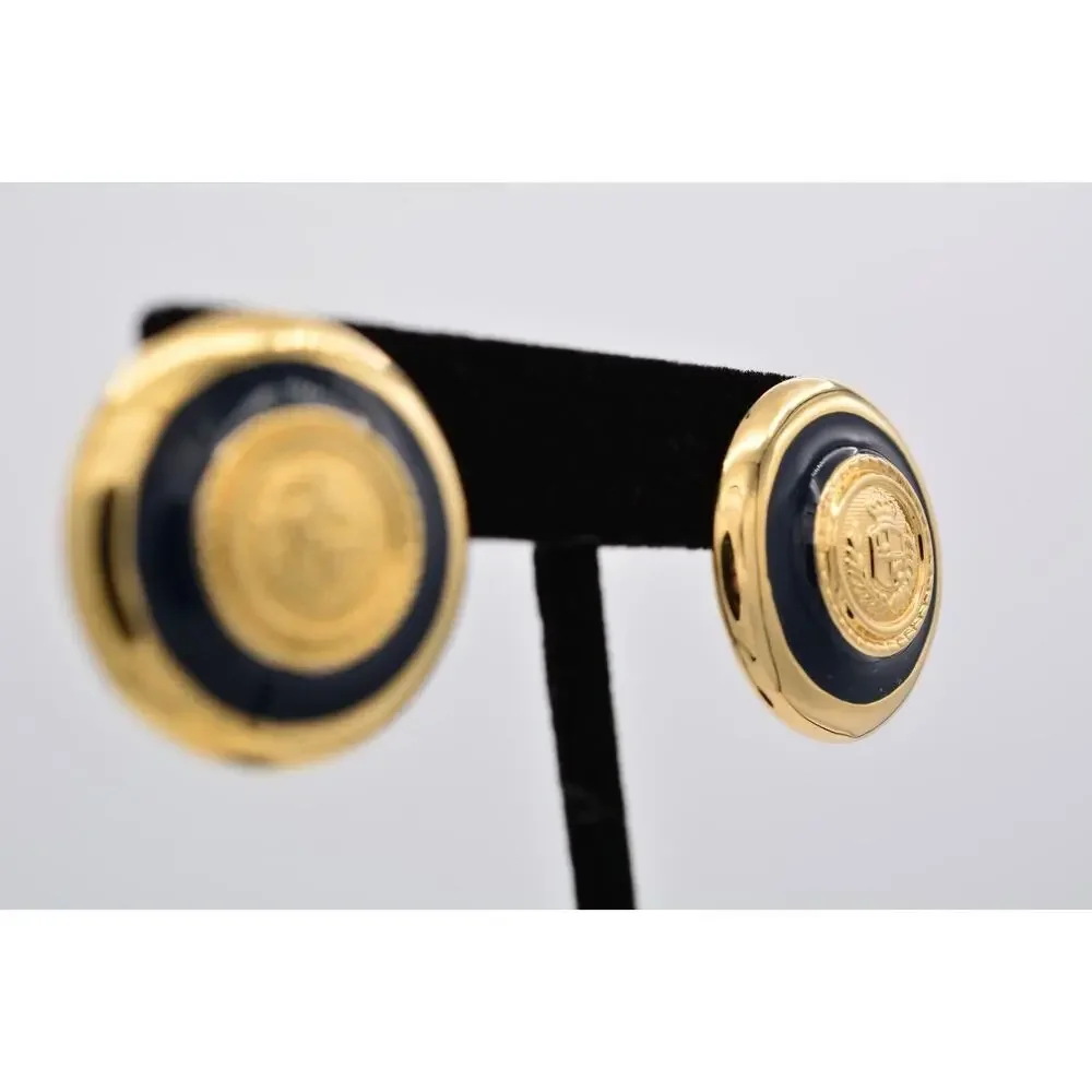Liz Claiborne Vintage Earrings Gold Coin Chunky Black Logo LCI Signed 90s 9L